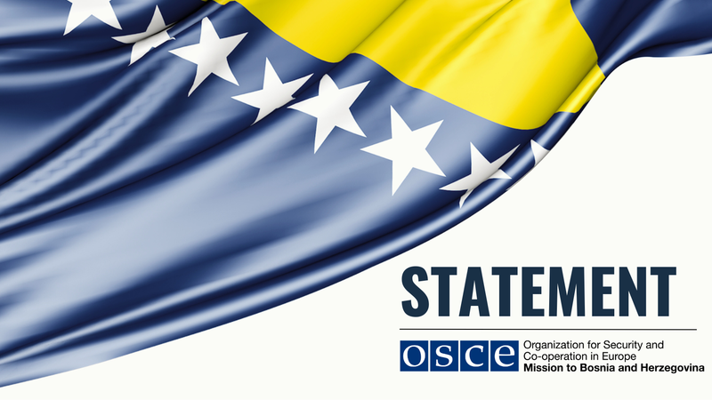 Blue and yellow flag with white stars; OSCE logo and "STATEMENT" text appear on the right.