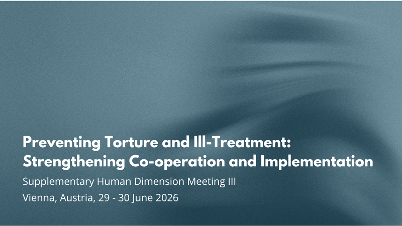 Blurred silhouette on a blue background with text about preventing torture, meeting details, and location.