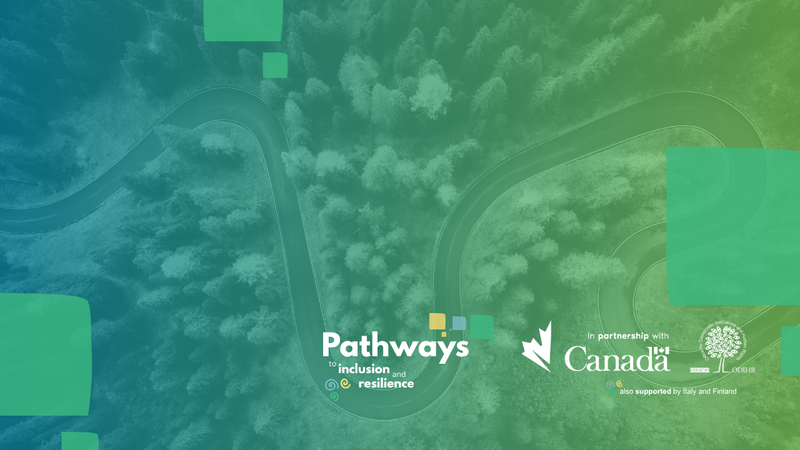 Winding road through forest with a blue-to-green gradient overlay and logos at the bottom.