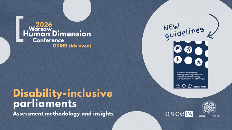 Warsaw conference banner on disability-inclusive parliaments, shades of blue and white circles, featuring new guidelines.
