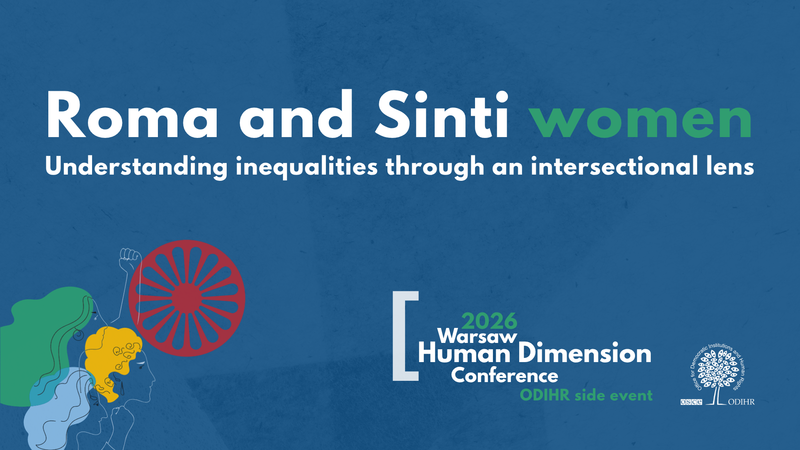 Blue conference banner featuring a red wheel symbol, text on intersectional lens, and abstract colorful profiles on the left.
